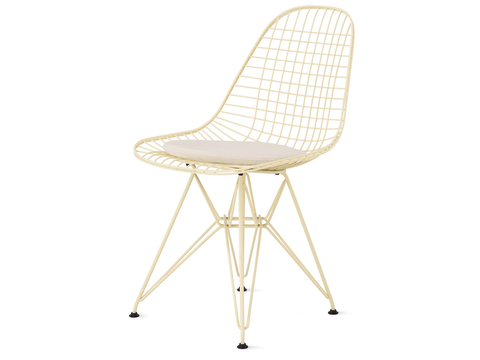 Powder yellow wire upholstered chair with wire base front angle view